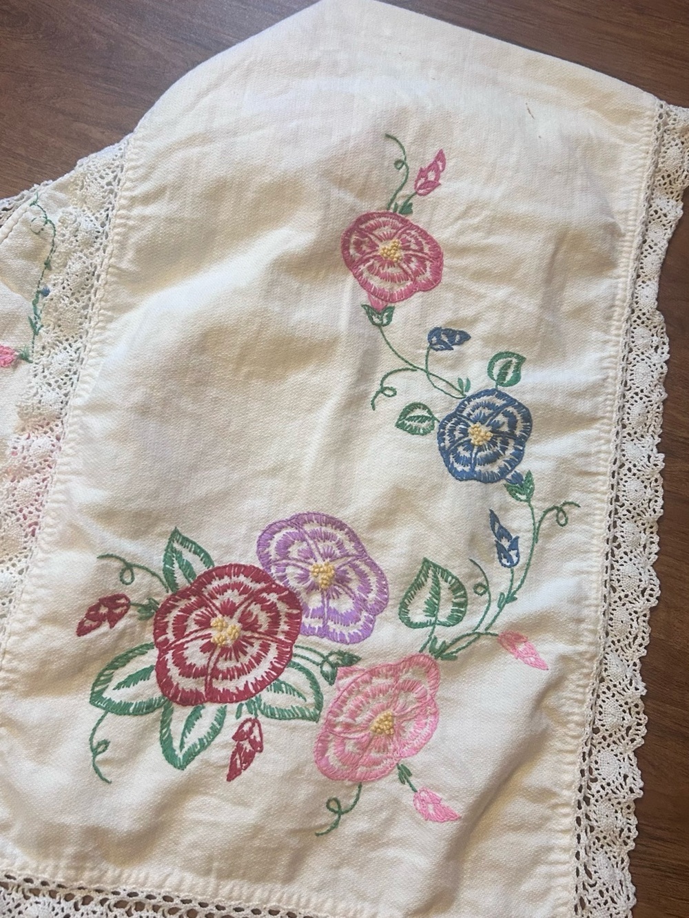 Vintage Floral Embroidered Table Runner in Cream, Pink, Blue, Green - Picture 3 of 7